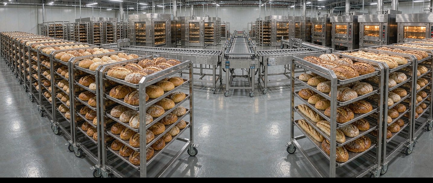 Bread factory filled with stainless steel bakery trolleys and rack ovens